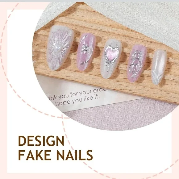 NWT Press On Nails Almond Medium, Pink Shimmer Heart & Star Design - Picture 2 of 4